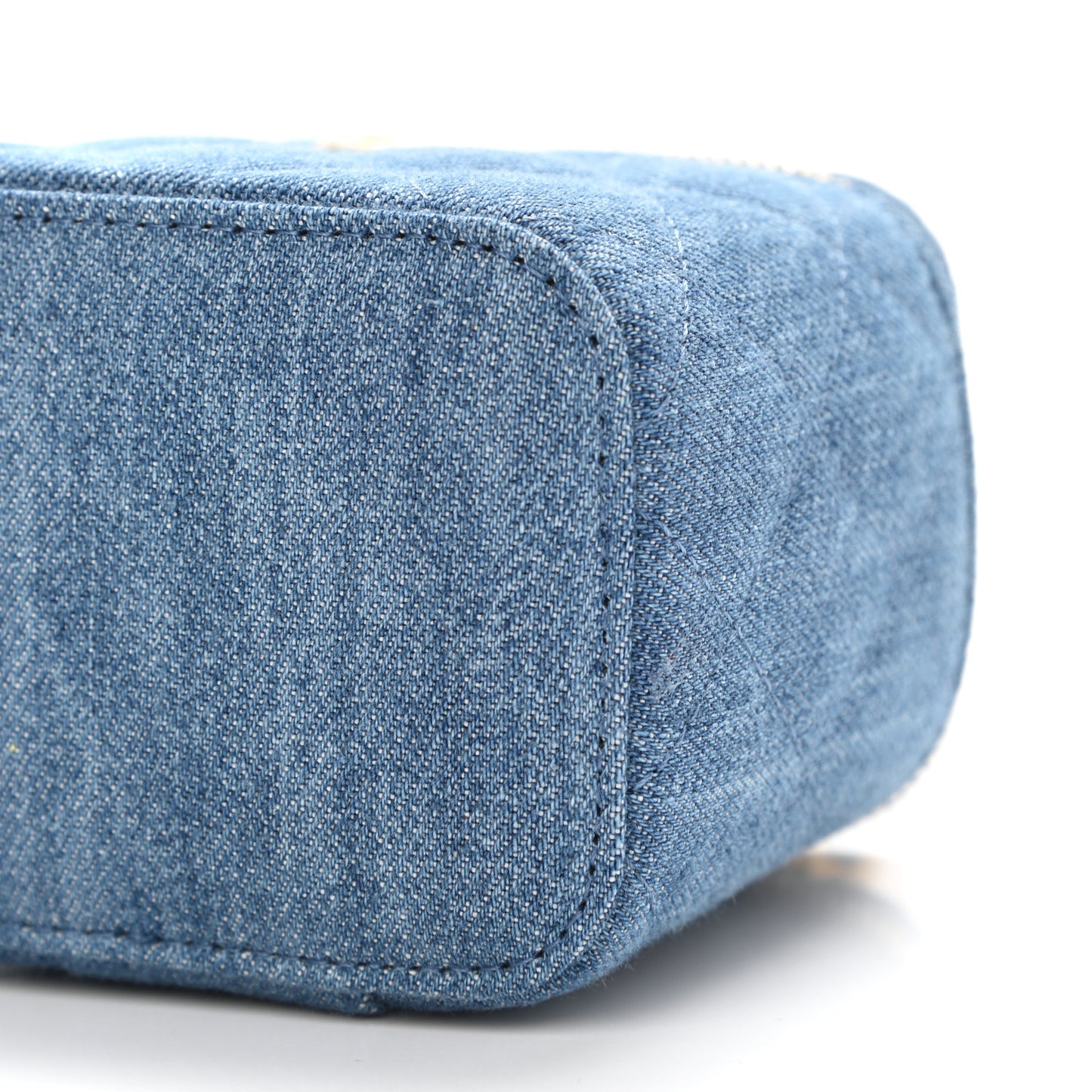 Denim Quilted Mini Pearl Crush Vanity Case With Chain