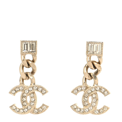 Chanel Metal Crystal Baguette CC Chain Drop Earrings Gold 1 of 10