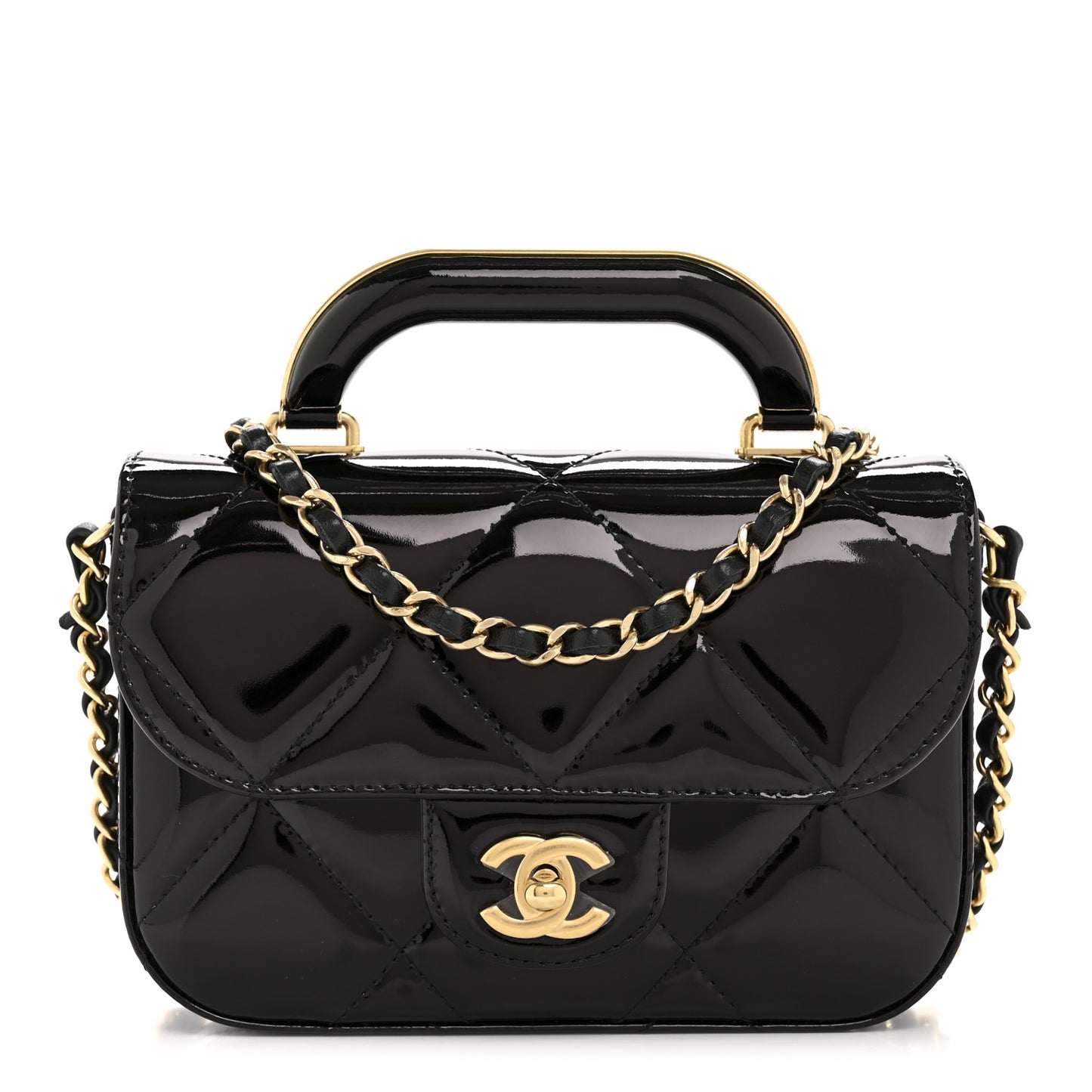 Metallic Mirror Calfskin Mini Top Handle Clutch With Chain Black