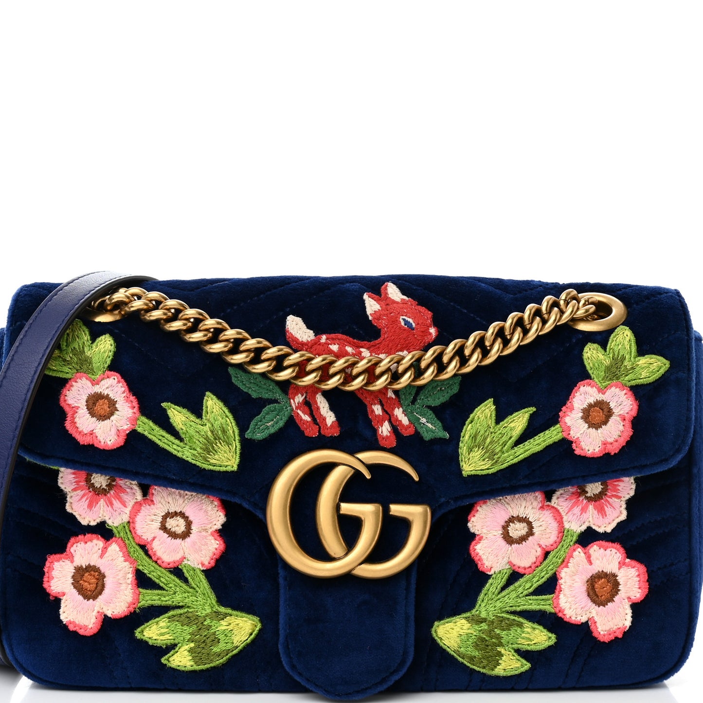Velvet Matelasse Deer Embroidered Small GG Marmont Shoulder Bag Cobalt