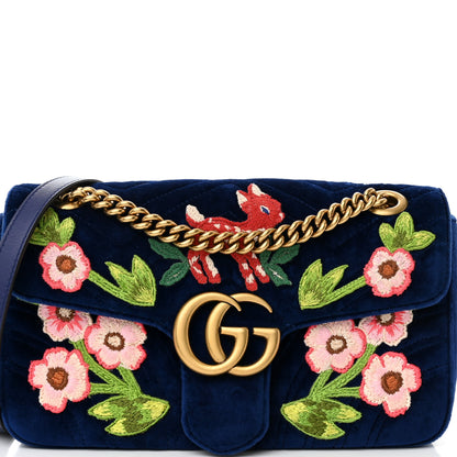 Gucci Velvet Matelasse Deer Embroidered Small GG Marmont Shoulder Bag Cobalt 8 of 10