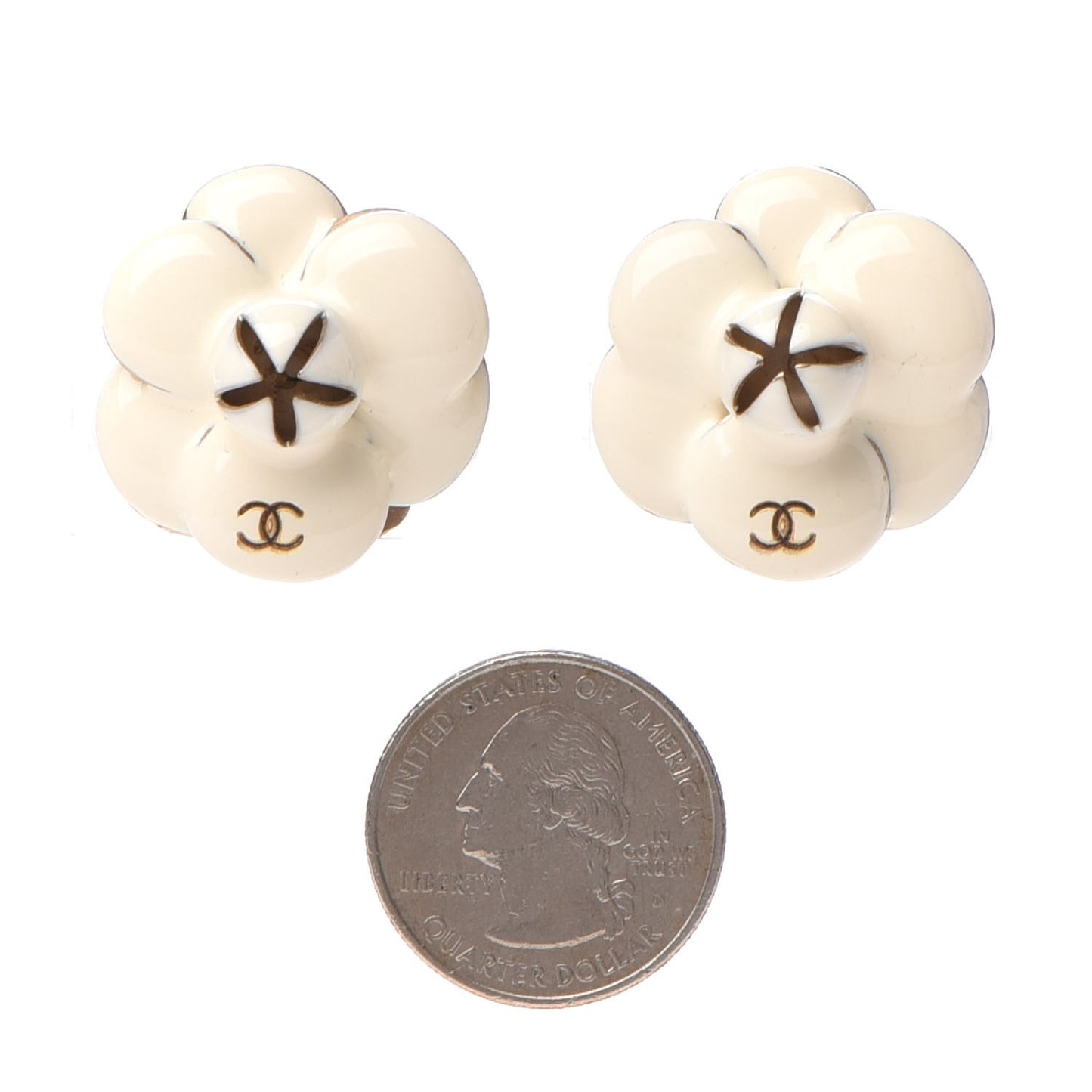 Enamel CC Camellia Clip On Earrings White