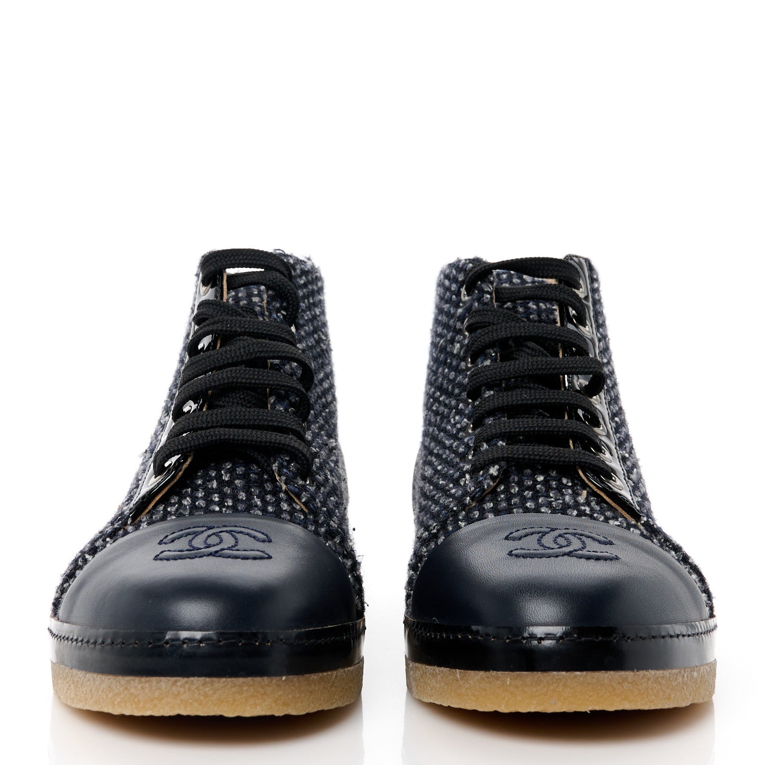 Chanel Tweed Calfskin Patent CC Lace Up Short Boots 38 Black Grey Dark Navy 2 of 9