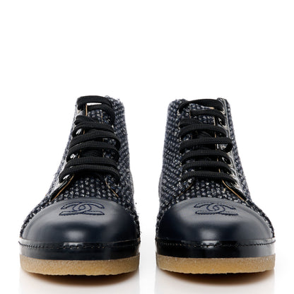 Chanel Tweed Calfskin Patent CC Lace Up Short Boots 38 Black Grey Dark Navy 2 of 9