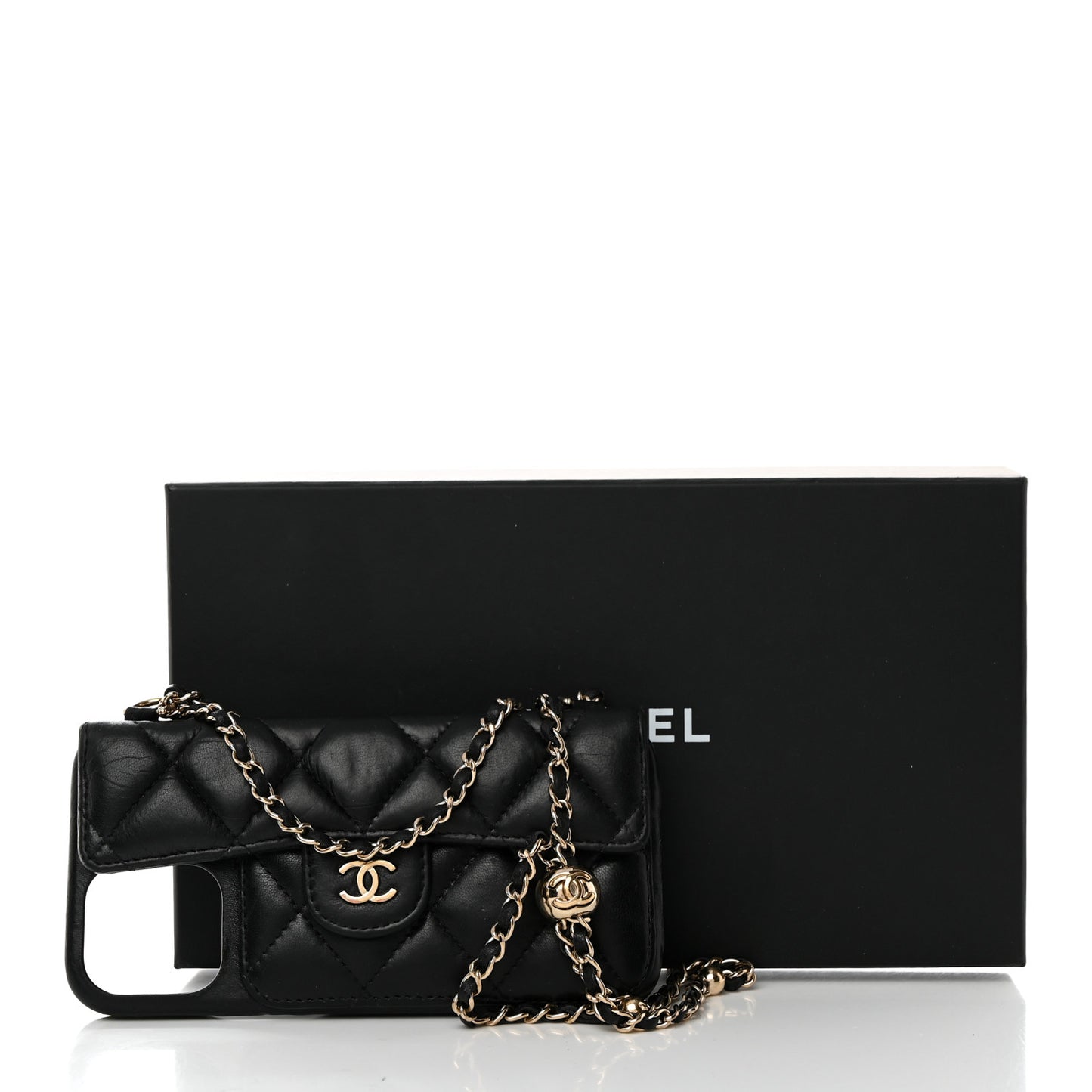 Lambskin Quilted Pearl Crush iPhone XII Pro Holder With Chain Black