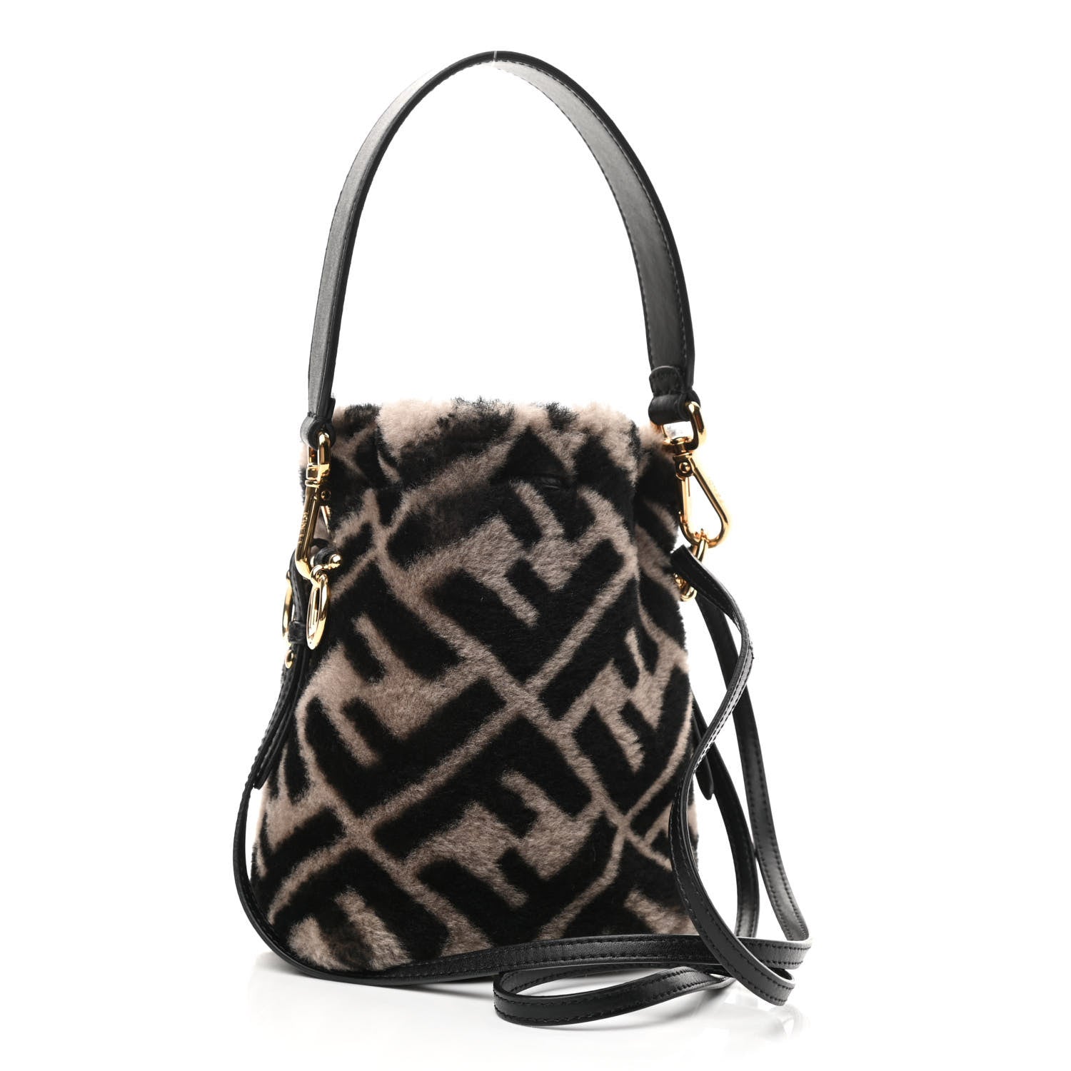 Fendi Shearling F is Fendi Macro FF 1974 Diagonal Mini Mon Tresor Bucket Bag Dove Black 3 of 12