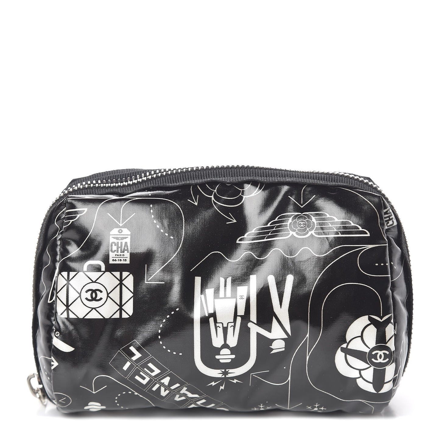 Coated Canvas Airline Cosmetic Pouch Black White