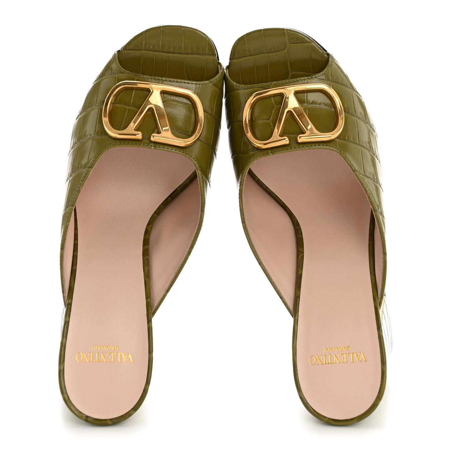 Calfskin Printed Crocodile Effect VLogo Signature 95mm Slide Sandals 36.5 Green