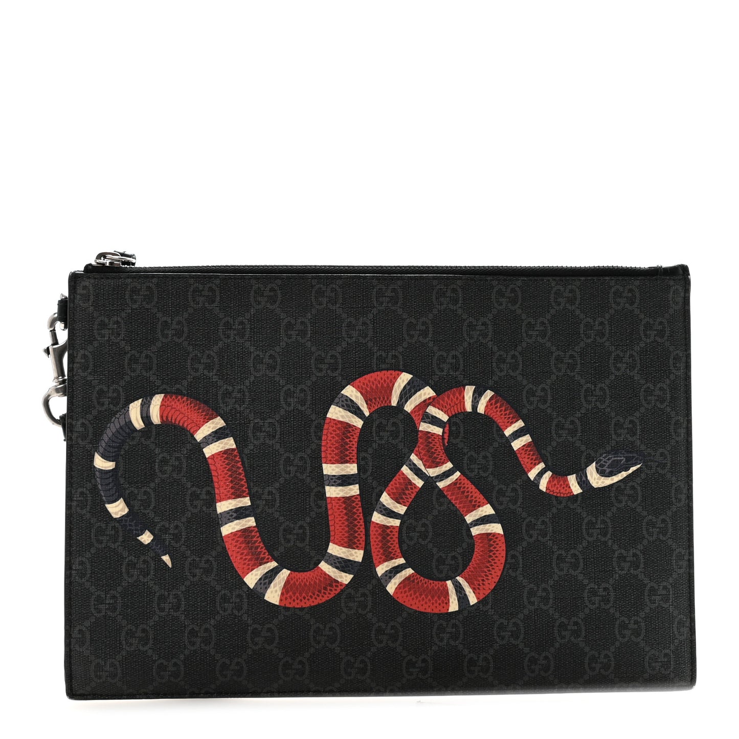GG Supreme Monogram Kingsnake Zip Wristlet Pouch Black Grey
