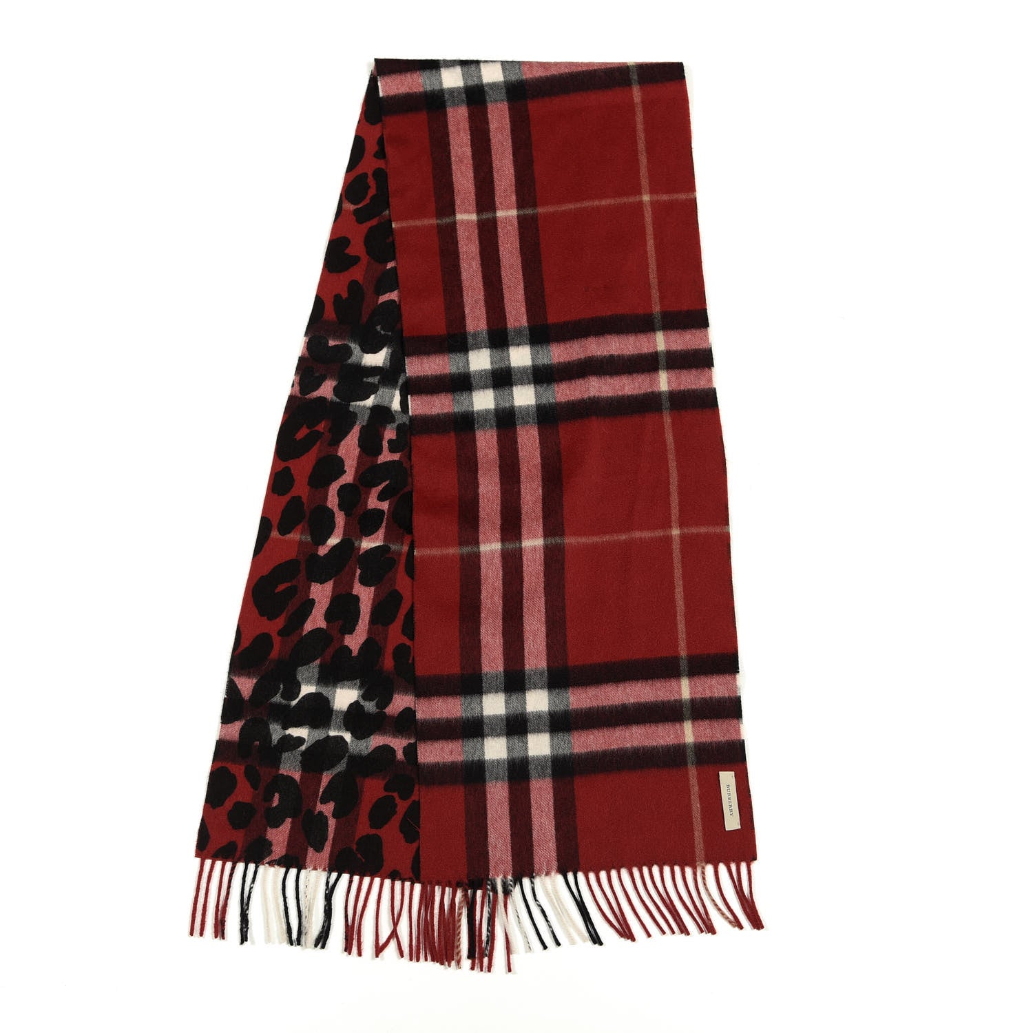 Burberry Cashmere Giant Check Animal Print Fringe Scarf Red 2 of 4