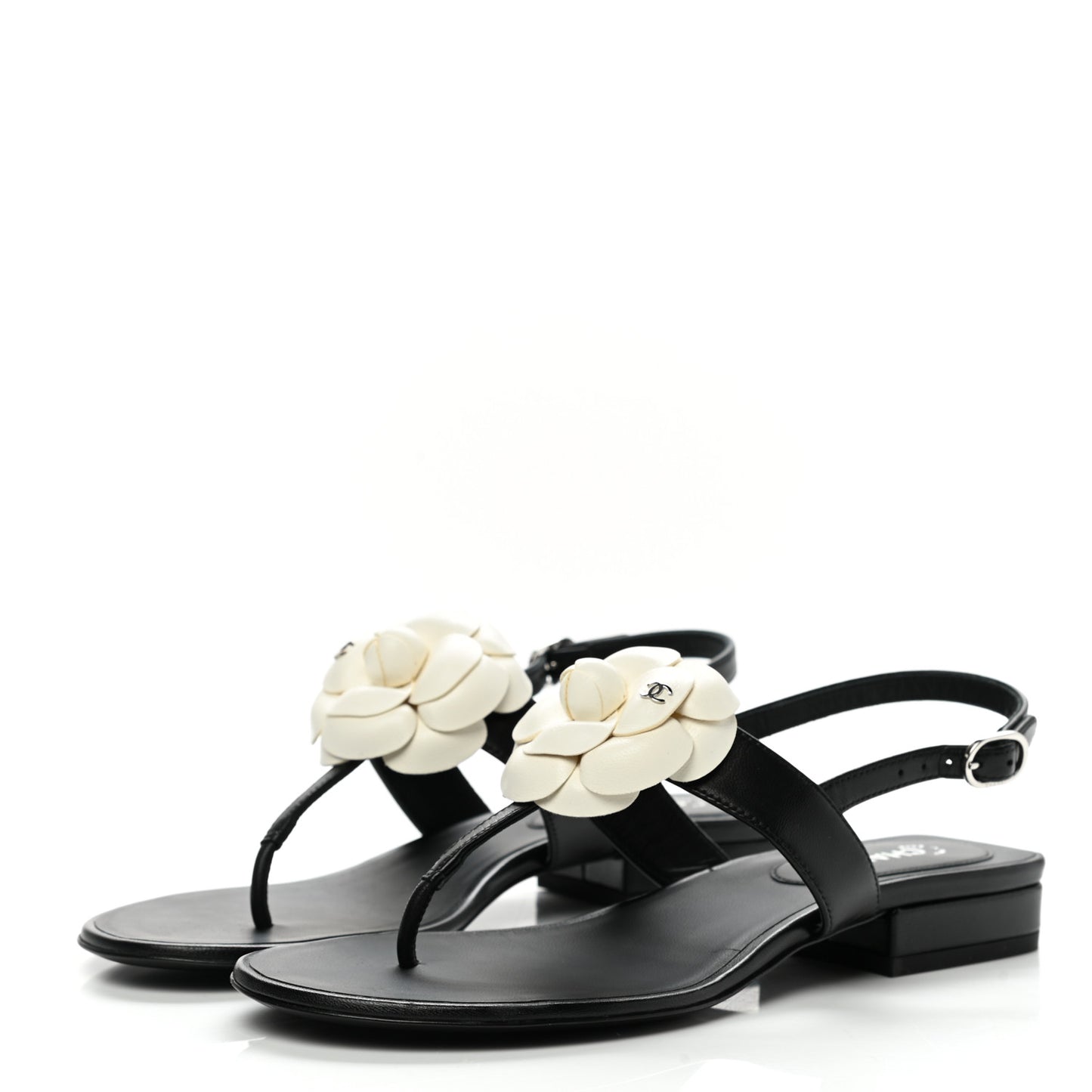 Lambskin Camellia Thong Sandals 36.5 Black White