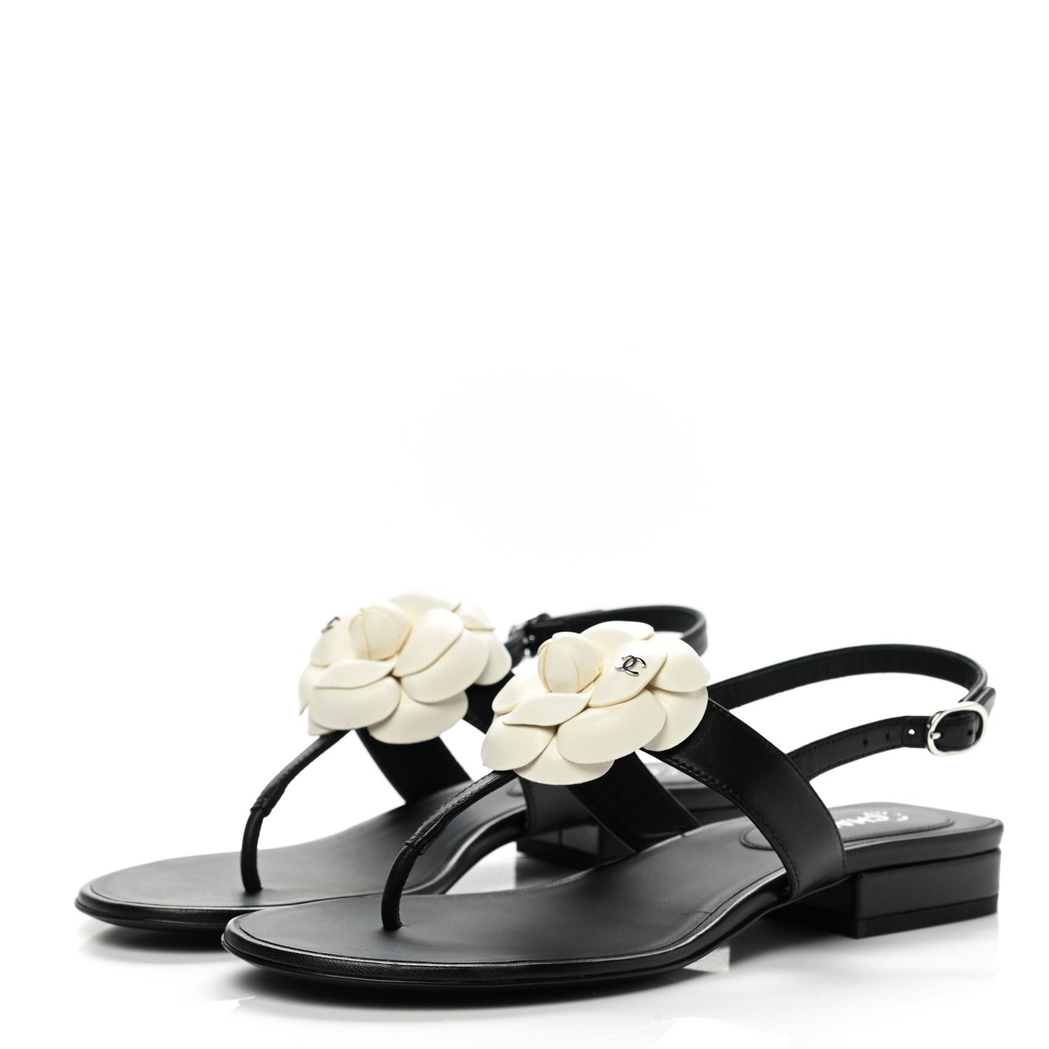 Chanel Lambskin Camellia Thong Sandals 36.5 Black White 3 of 9