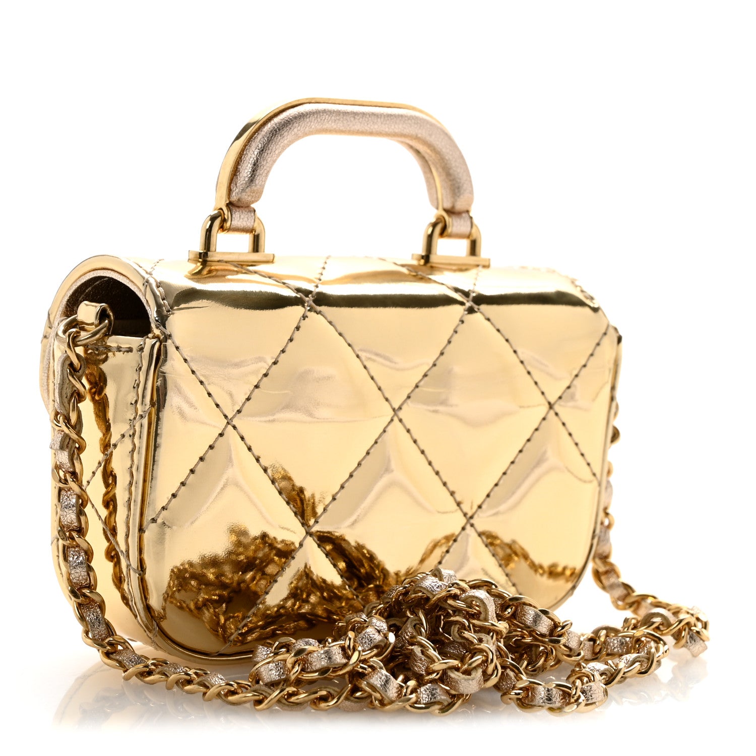 Chanel Metallic Mirror Calfskin Micro Top Handle Clutch With Chain