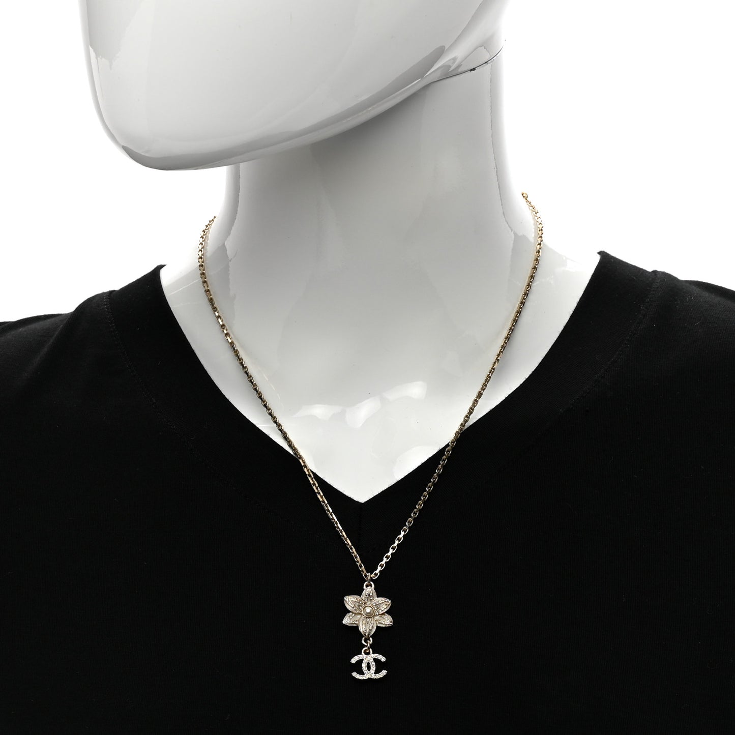 Enamel Crystal CC Camellia Flower Necklace Gold White