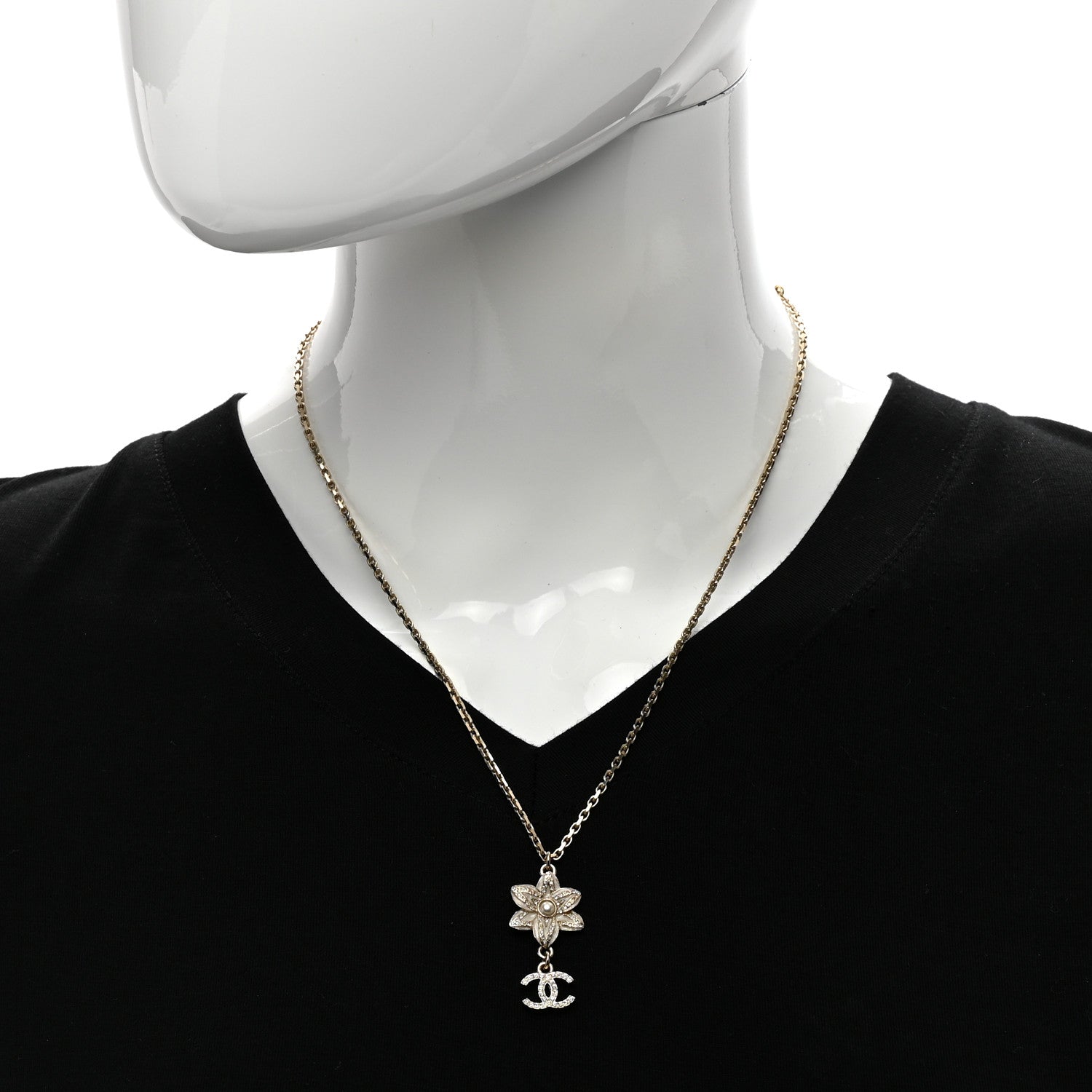 Chanel Enamel Crystal CC Camellia Flower Necklace Gold White 2 of 4