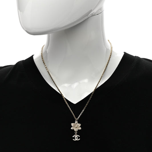 Enamel Crystal CC Camellia Flower Necklace Gold White