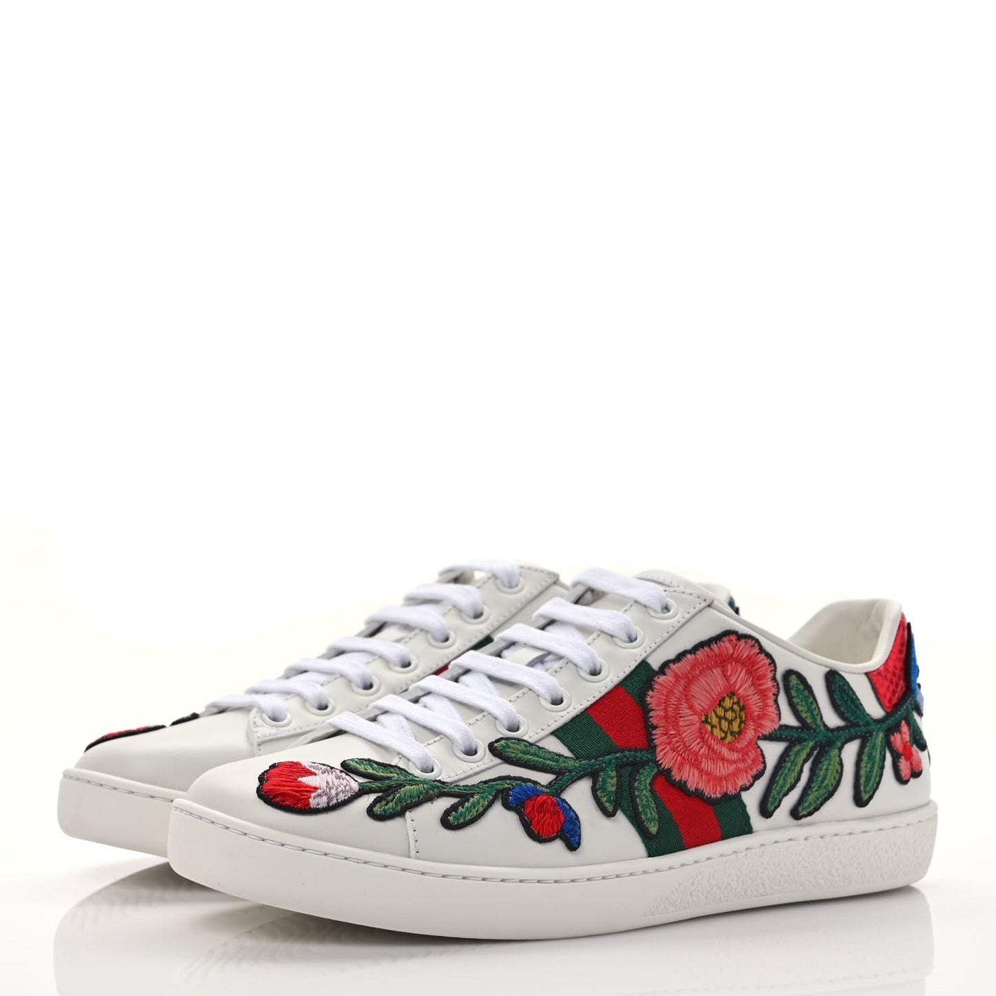 Calfskin Web Floral Embroidered Womens Ace Sneakers 37 White