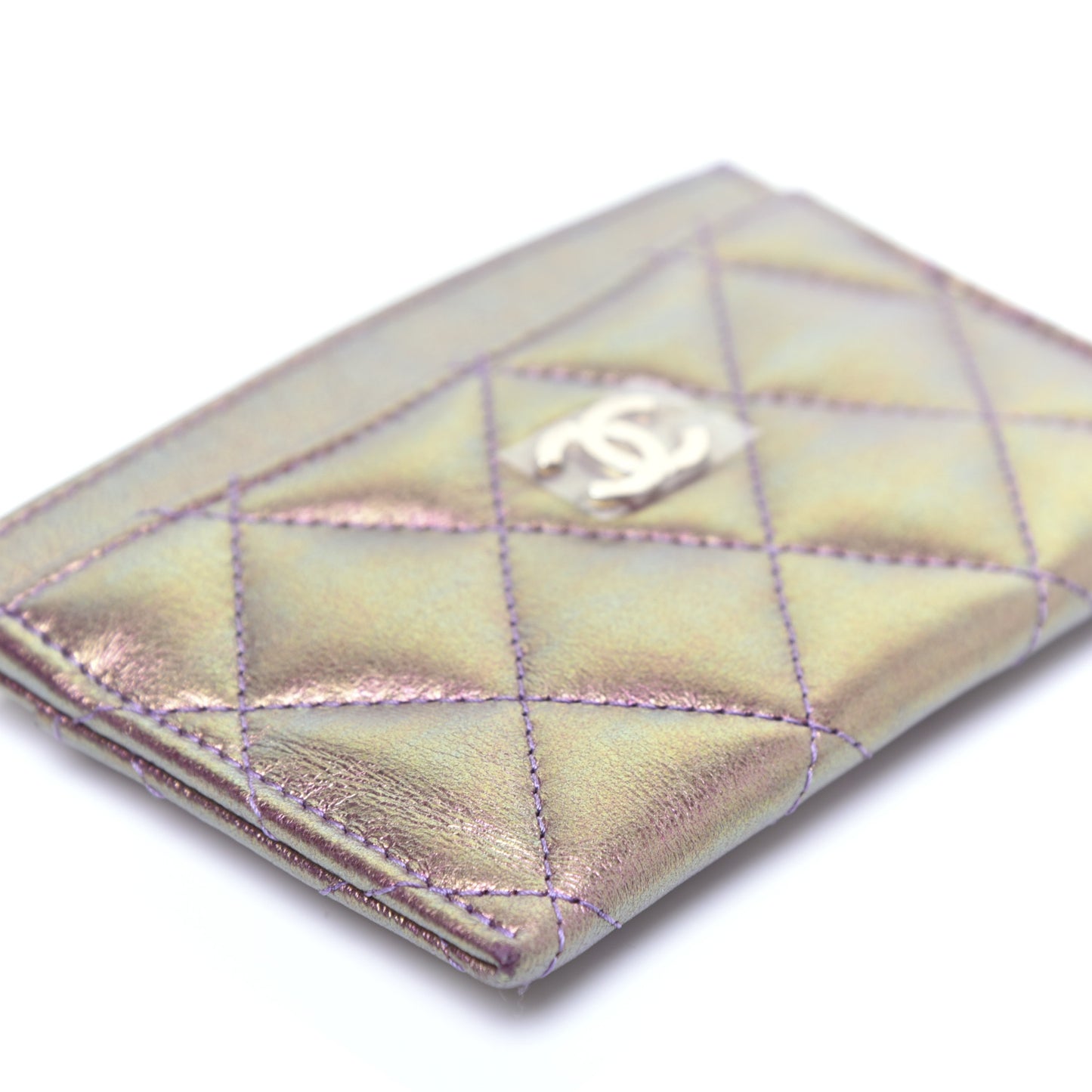 Iridescent Lambskin Quilted Card Holder Purple