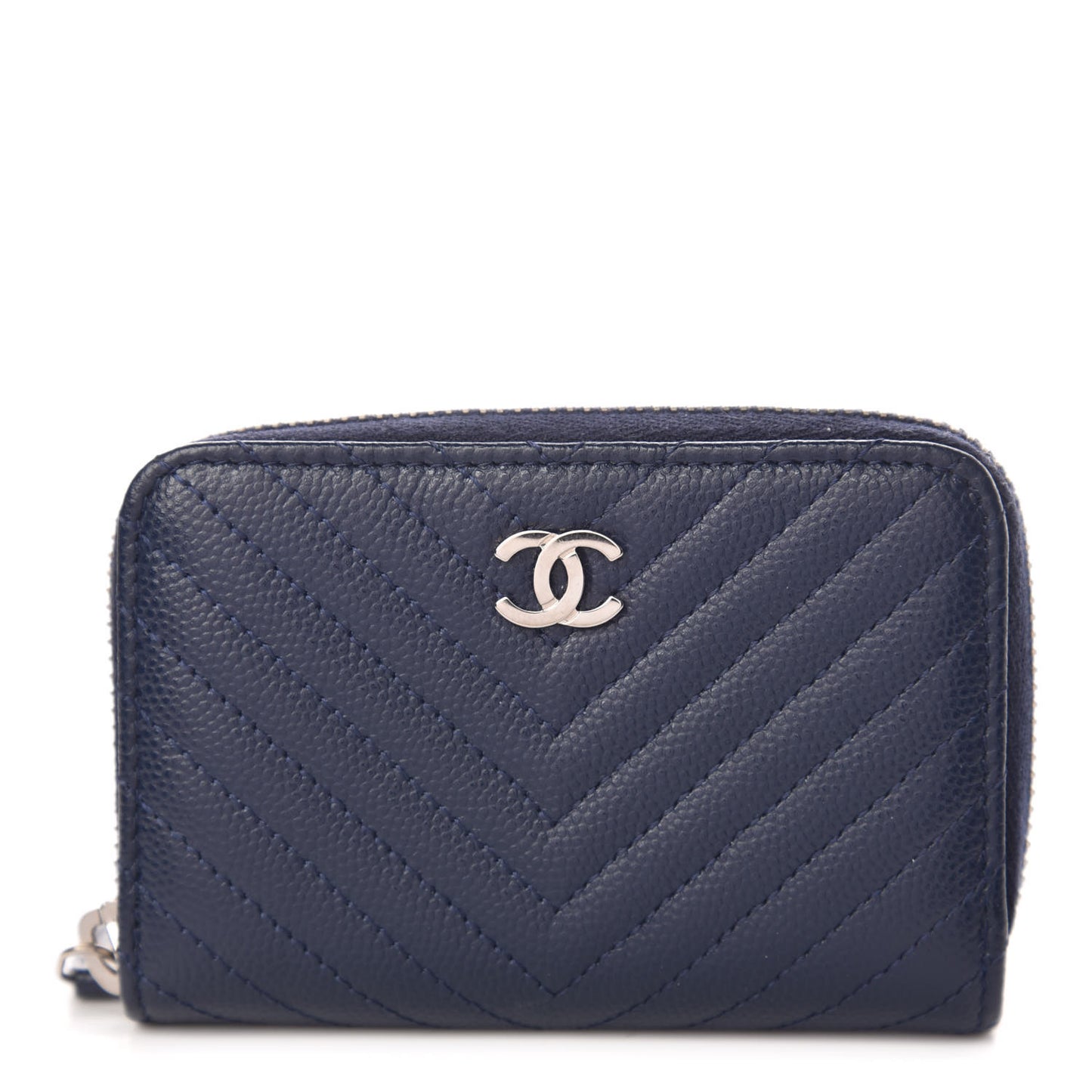 Caviar Chevron Quilted Zip Around Coin Purse Navy Blue