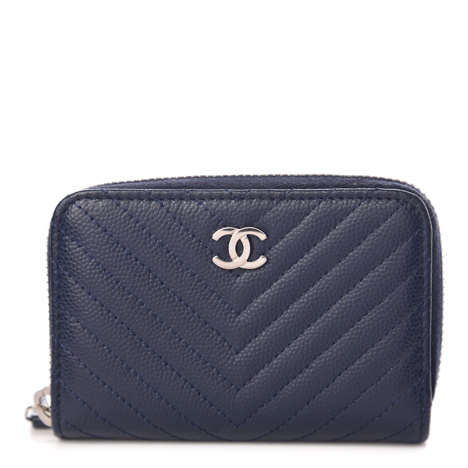 Chanel Caviar Chevron Quilted Zip Around Coin Purse Navy Blue 1 of 8