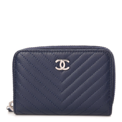 Chanel Caviar Chevron Quilted Zip Around Coin Purse Navy Blue 1 of 8