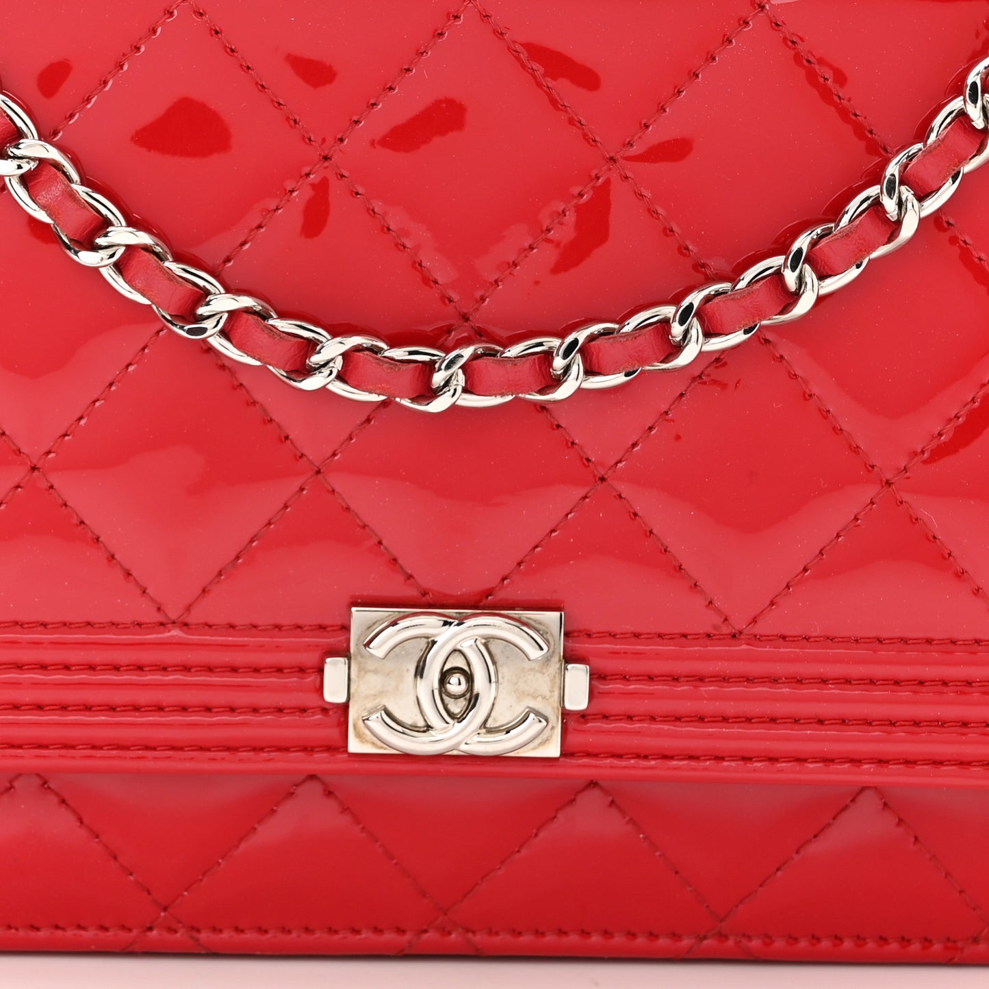 Patent Calfskin Quilted Boy Wallet On Chain WOC Red