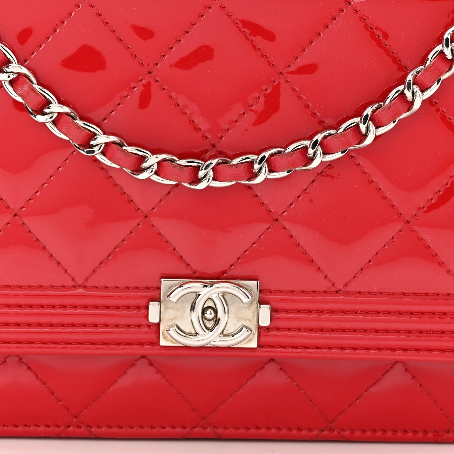 Chanel Patent Calfskin Quilted Boy Wallet On Chain WOC Red 8 of 11