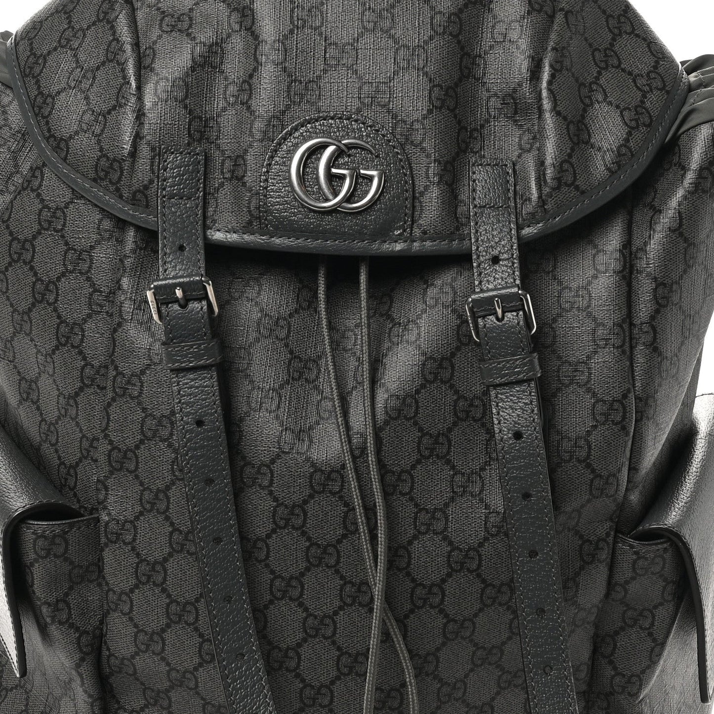 GG Supreme Monogram Textured Dollar Calfskin Medium Ophidia Double Buckle Backpack Grey Black Graphite Grey