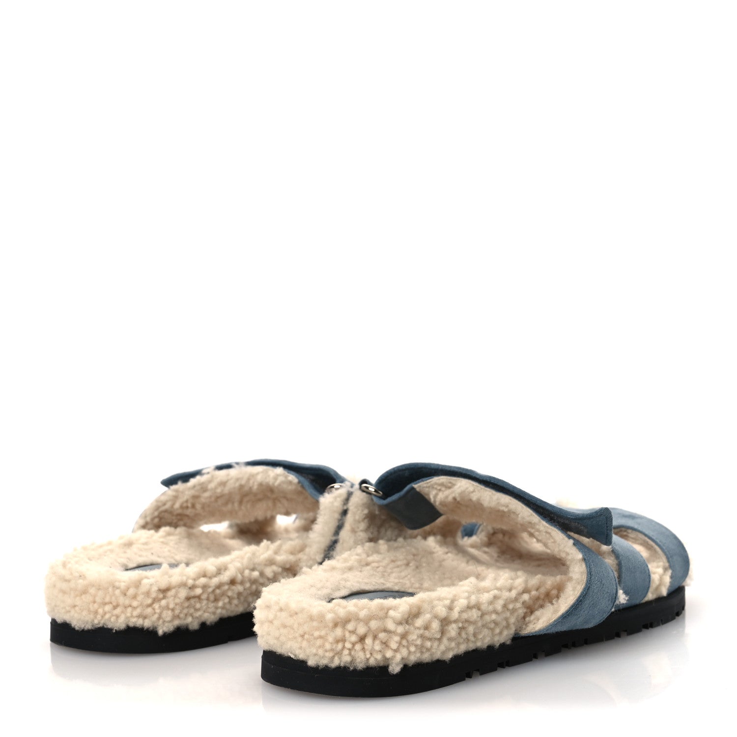 Hermes Suede Goatskin Woolskin Womens Chypre Sandals 38 Bleu Pinede Ecru 5 of 11