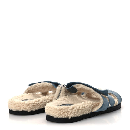 Hermes Suede Goatskin Woolskin Womens Chypre Sandals 38 Bleu Pinede Ecru 5 of 11