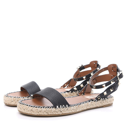 Valentino Garavani Grained Calfskin Rockstud Ankle Strap Espadrille Flat Sandals 39 Black 3 of 8