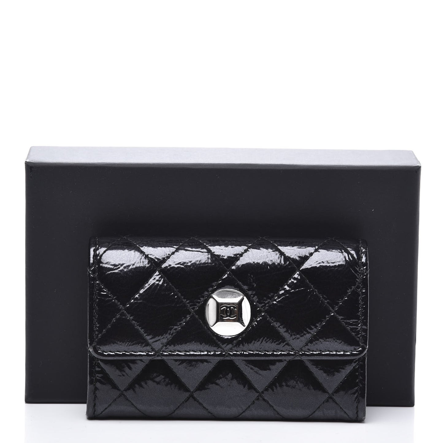 Distressed Patent Quilted Flap Card Holder Black