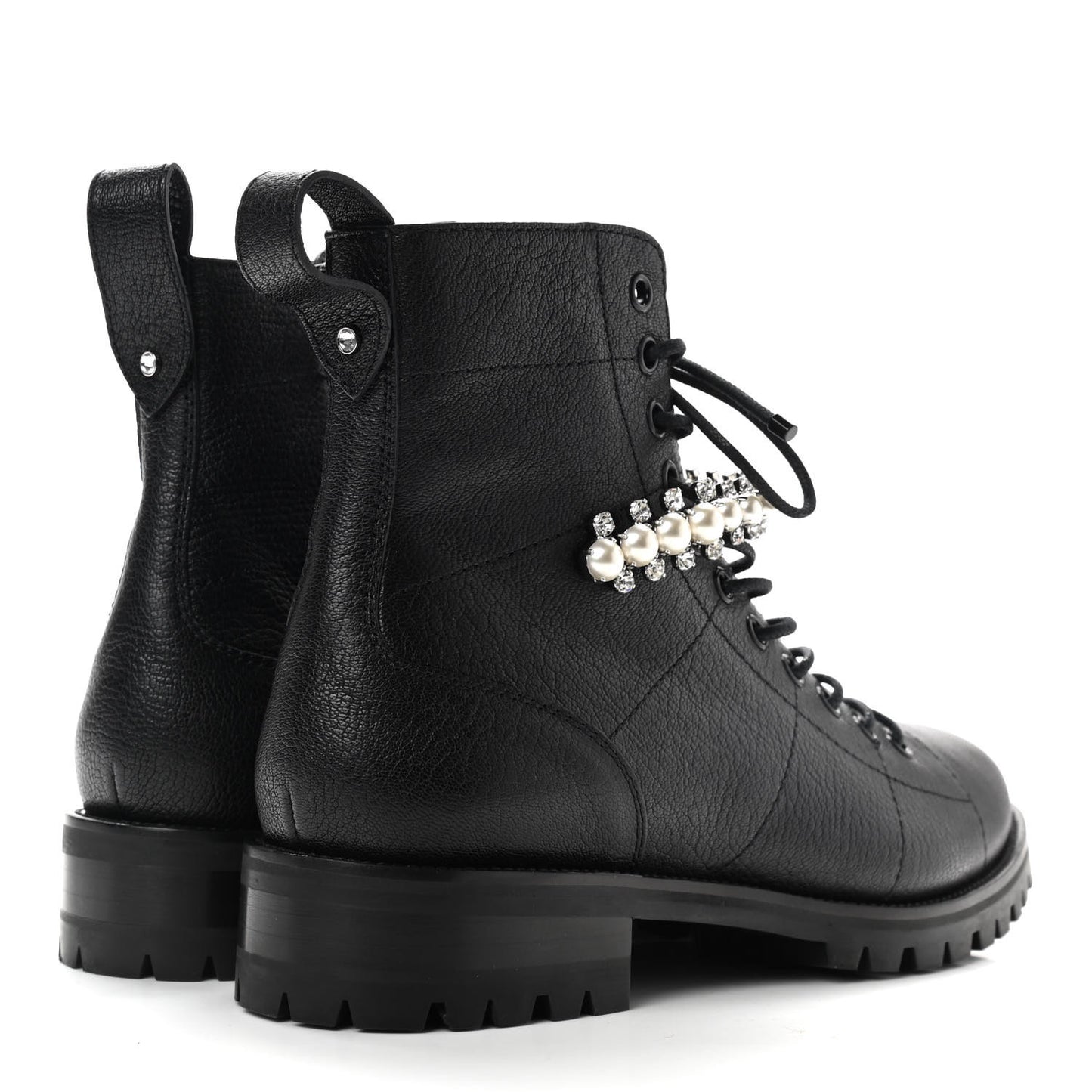 Grained Calfskin Crystal Embellished Cruz Combat Boots 39.5 Black