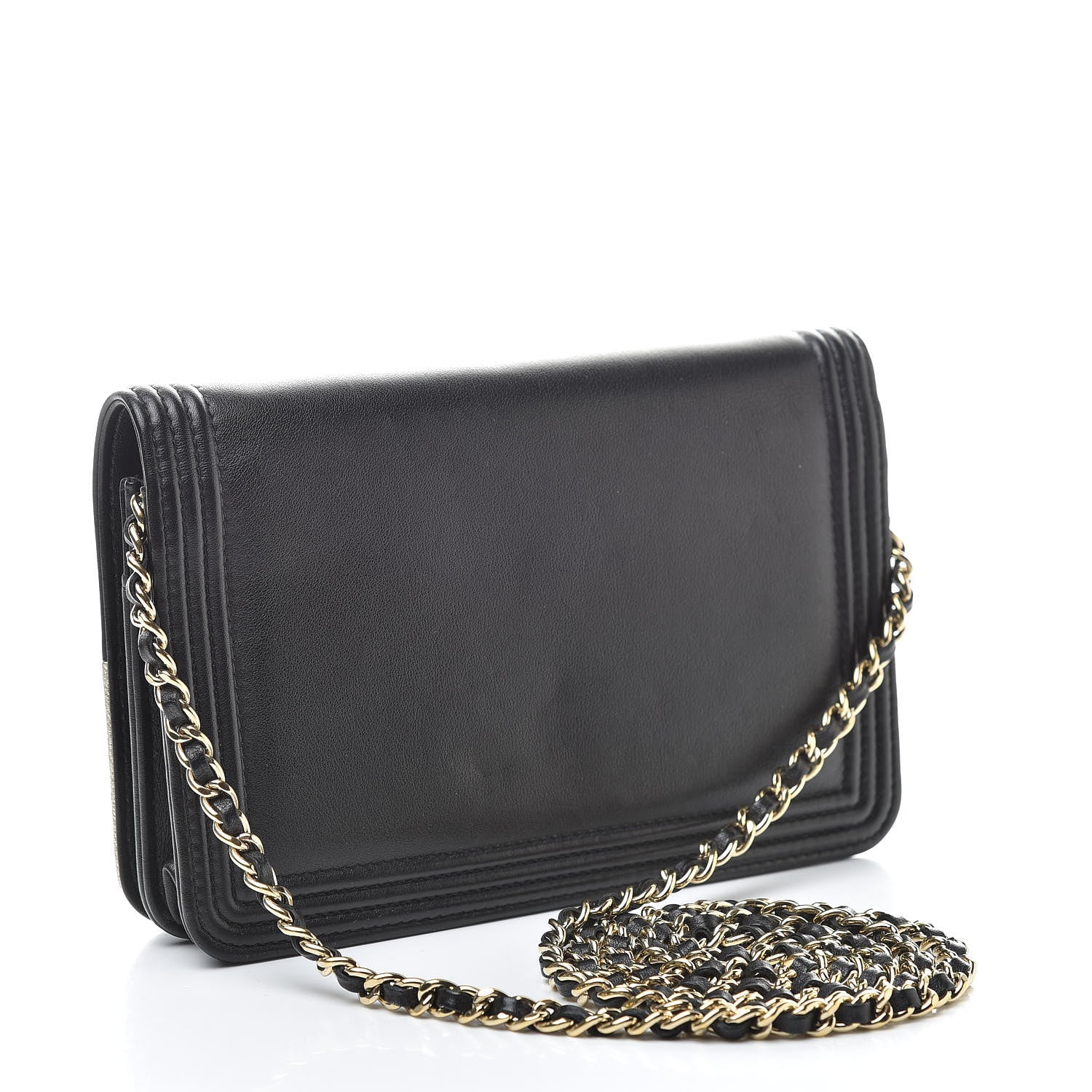 Chanel Metallic Goatskin Lambskin Boy Wallet on Chain WOC Black Gold 3 of 14