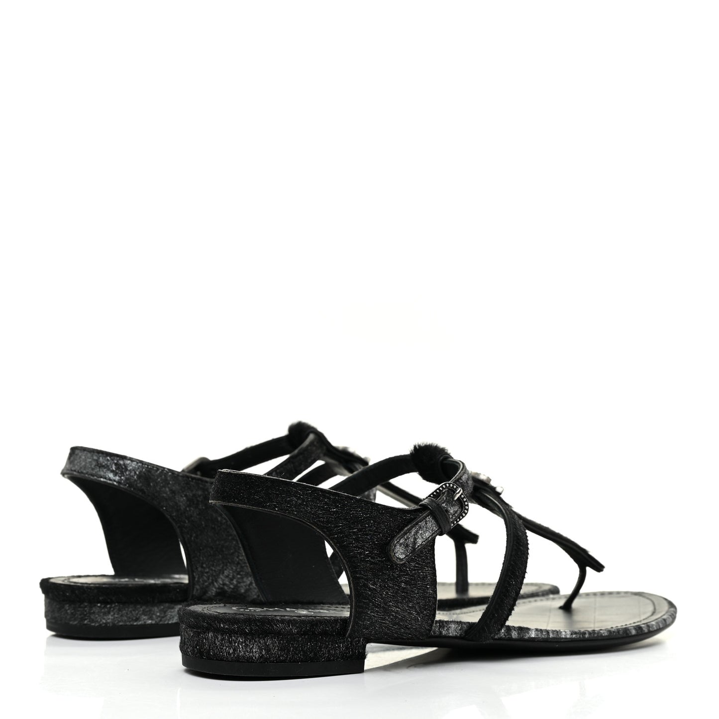 Metallic Calfskin Pony Hair CC Sandals 37 Black