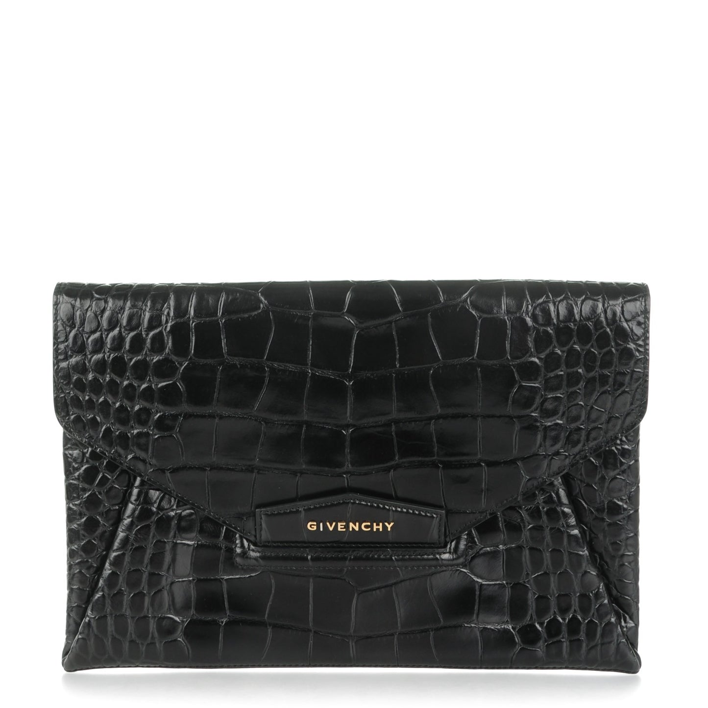 Calfskin Crocodile Embossed Medium Antigona Envelope Clutch Black
