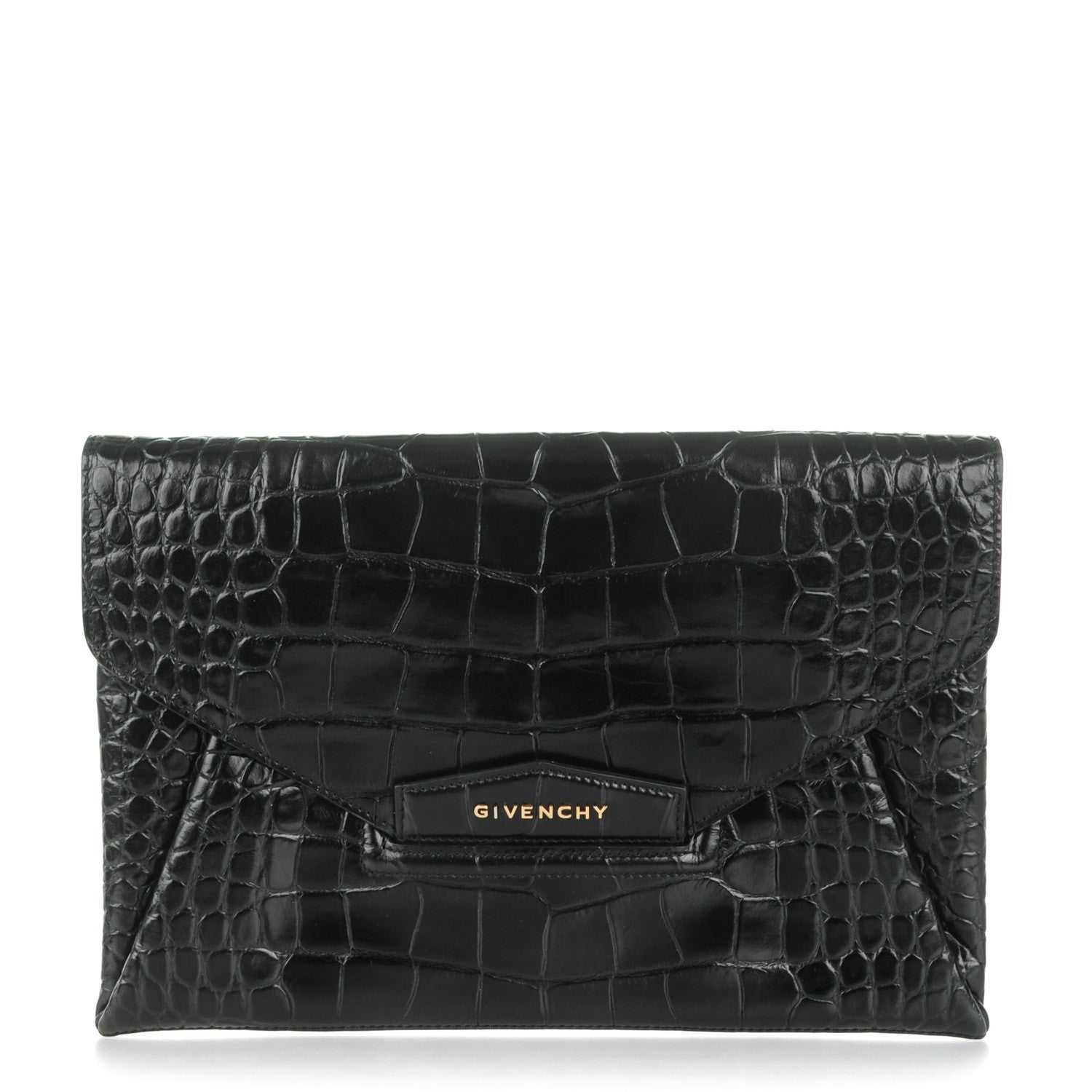 Givenchy Calfskin Crocodile Embossed Medium Antigona Envelope Clutch Black 1 of 7