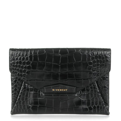 Givenchy Calfskin Crocodile Embossed Medium Antigona Envelope Clutch Black 1 of 7
