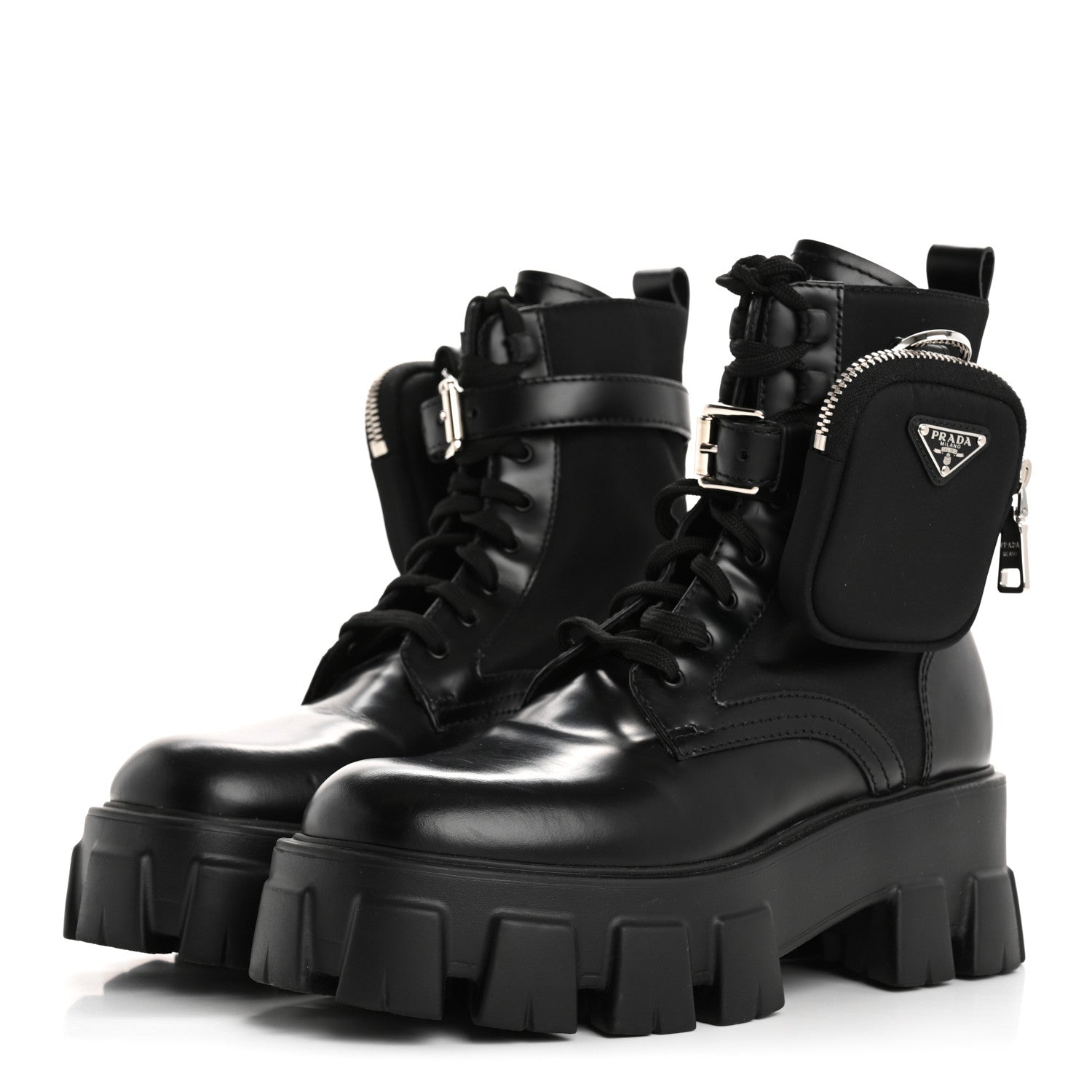 Prada Spazzolato Rois Re-Nylon Metal Triangle Logo Monolith Pouch Pocket 55mm Boots 37 Black 4 of 16