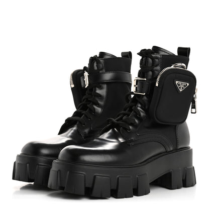 Prada Spazzolato Rois Re-Nylon Metal Triangle Logo Monolith Pouch Pocket 55mm Boots 37 Black 4 of 16