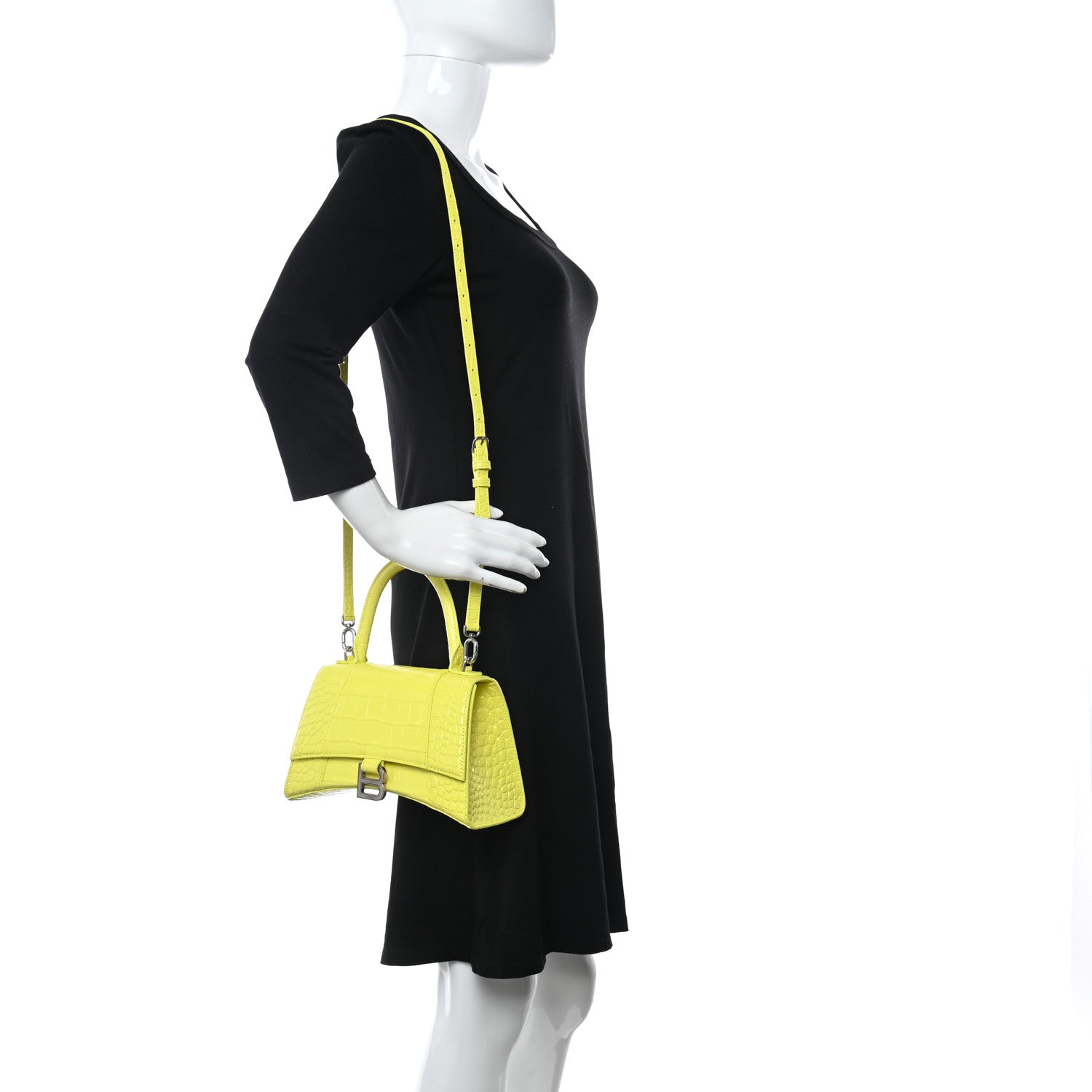 Balenciaga Shiny Calfskin Crocodile Embossed Small Hourglass Top Handle Bag Light Yellow 2 of 7