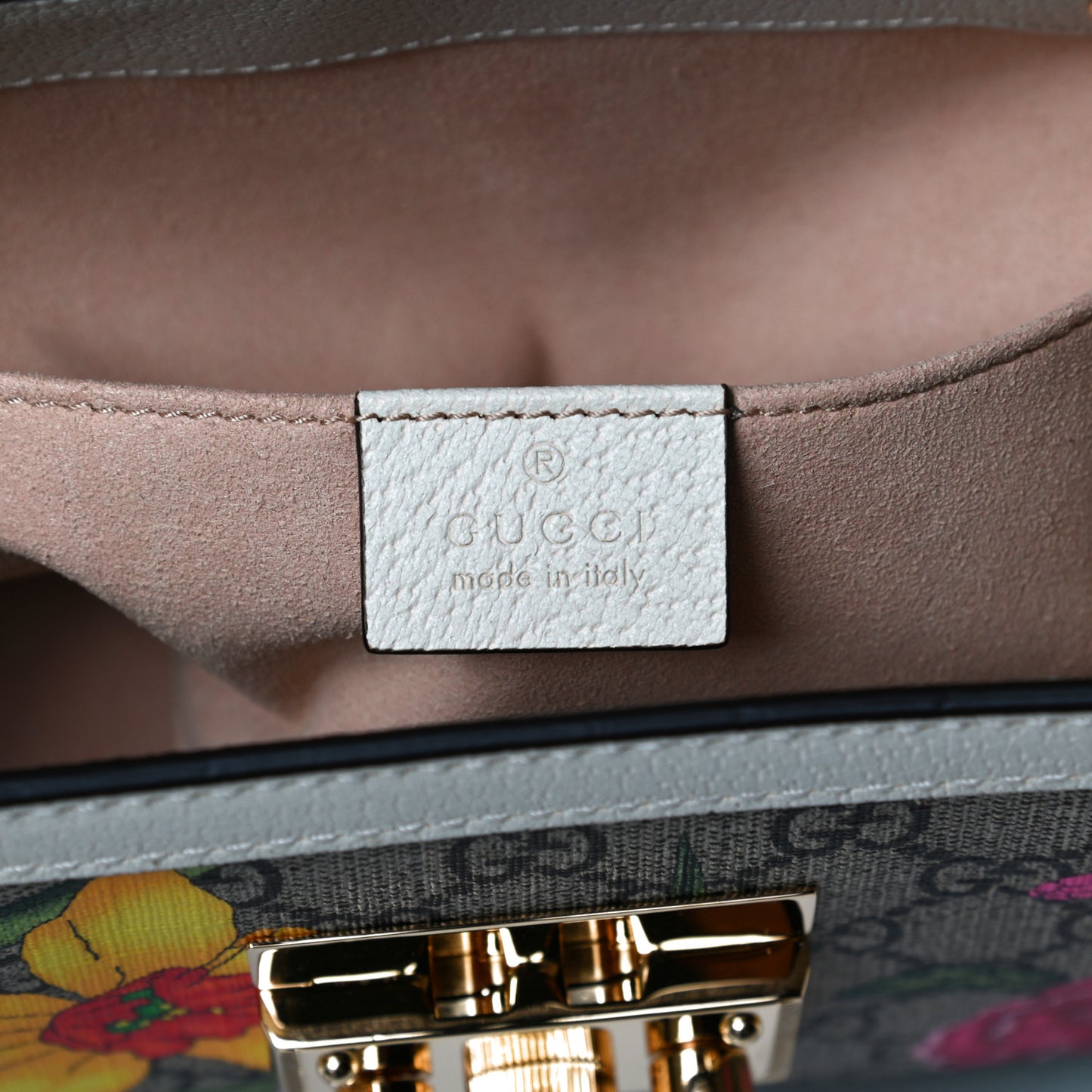 GG Supreme Monogram Flora Textured Calfskin Small Padlock Tote Beige Ebony Multicolor Mystic White