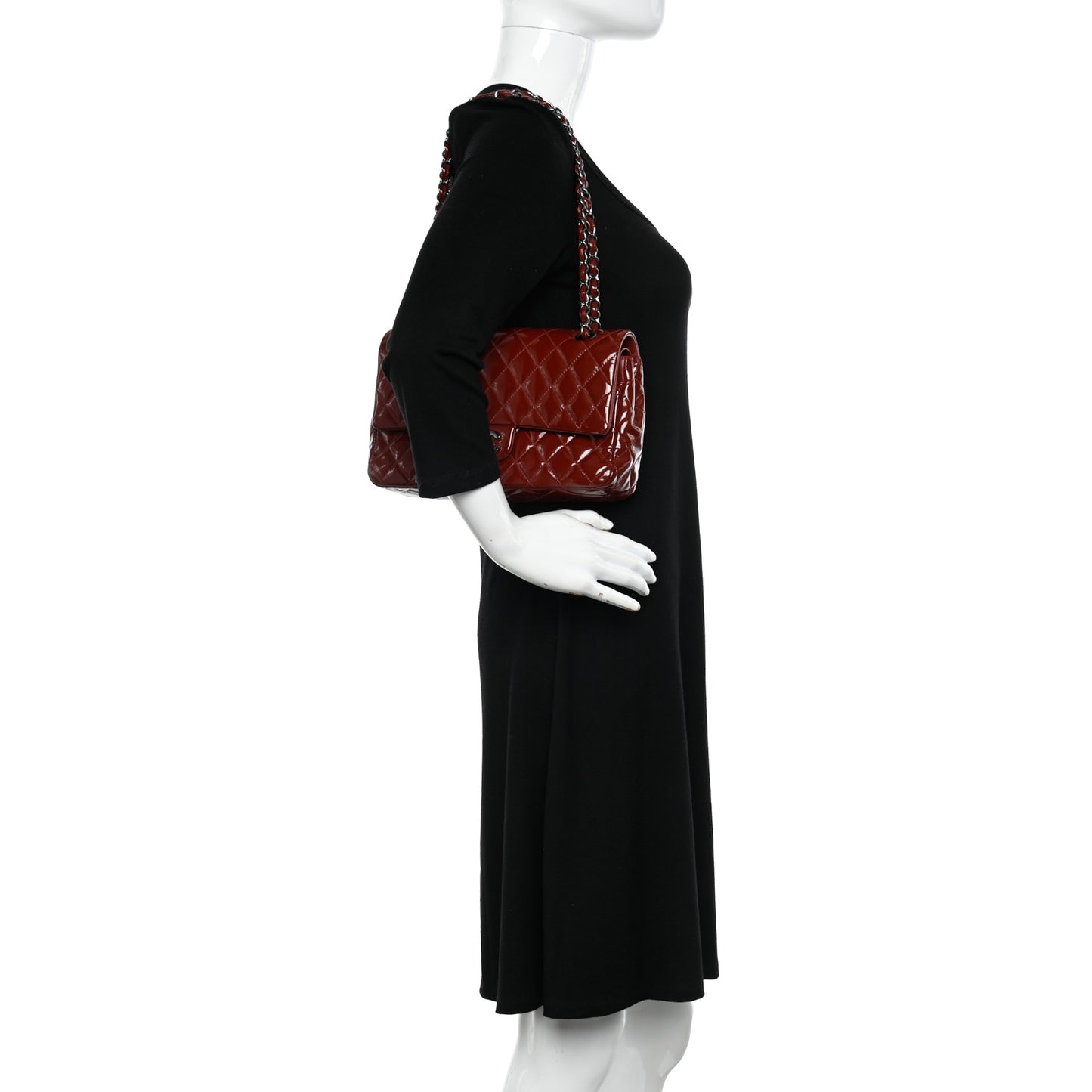 Patent Calfskin Quilted Medium Double Flap Dark Red
