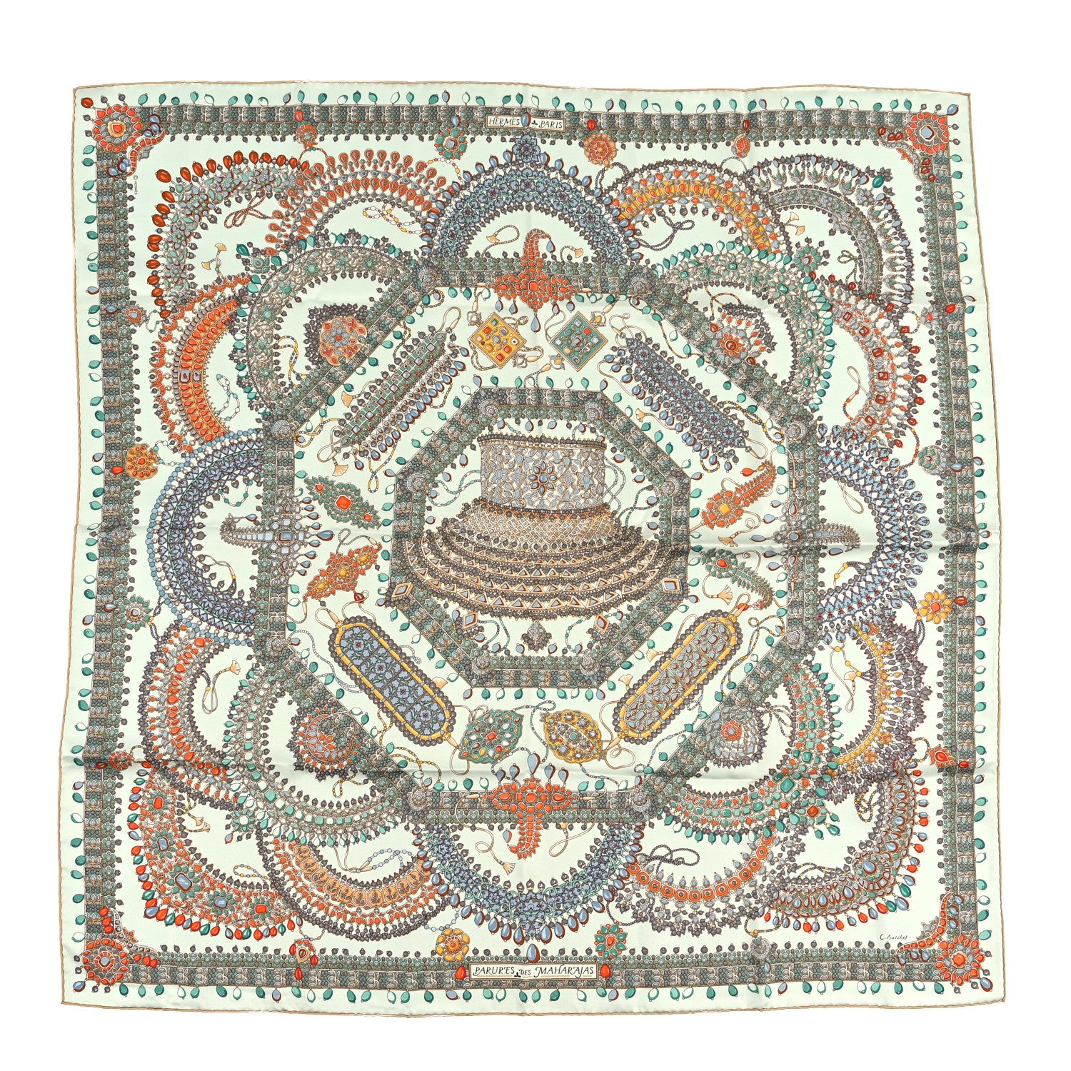 Hermes Silk Parures Des Maharajas Scarf 90 Blanc Corail Vert 1 of 4