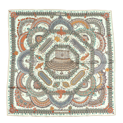 Hermes Silk Parures Des Maharajas Scarf 90 Blanc Corail Vert 1 of 4