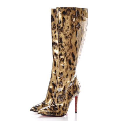 Christian Louboutin Patent 100 Leopard Tall Boots 37.5 Gold 3 of 7