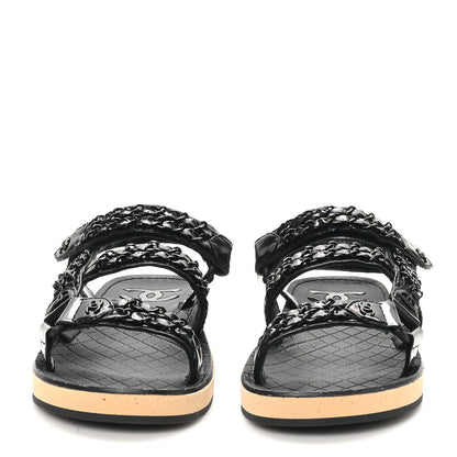 Chanel Laminated Goatskin Chain Sandals 37 Black 3 of 9