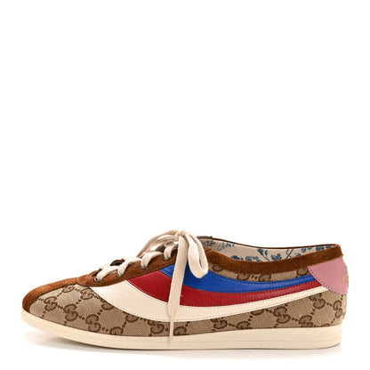 Gucci Suede Monogram Web Womens Falacer Sneakers 40 Nocciola Beige Mystic White Hibiscus Red 1 of 11