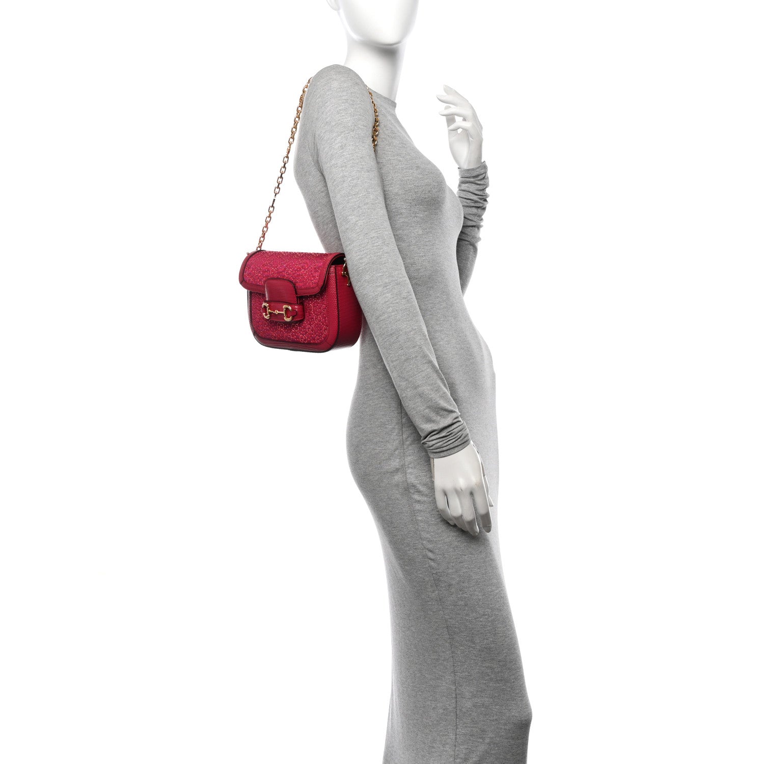 Gucci Canvas Calfskin Crystal GG Monogram Snakeskin Mini Horsebit 1955 Shoulder Bag Pink 2 of 11