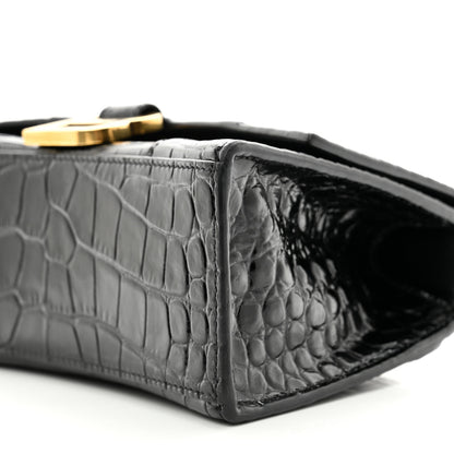 Balenciaga Shiny Calfskin Crocodile Embossed Hourglass Top Handle Bag XS Black 9 of 11